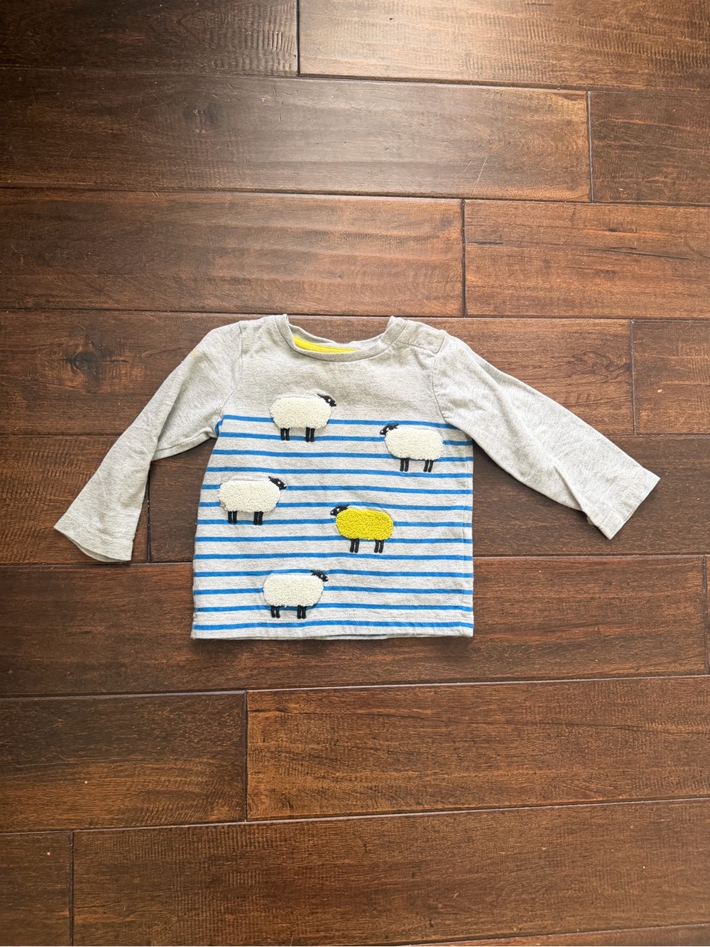 Baby Boden Gray & Blue Striped Long Sleeve Tee with Sheep Appliqués
